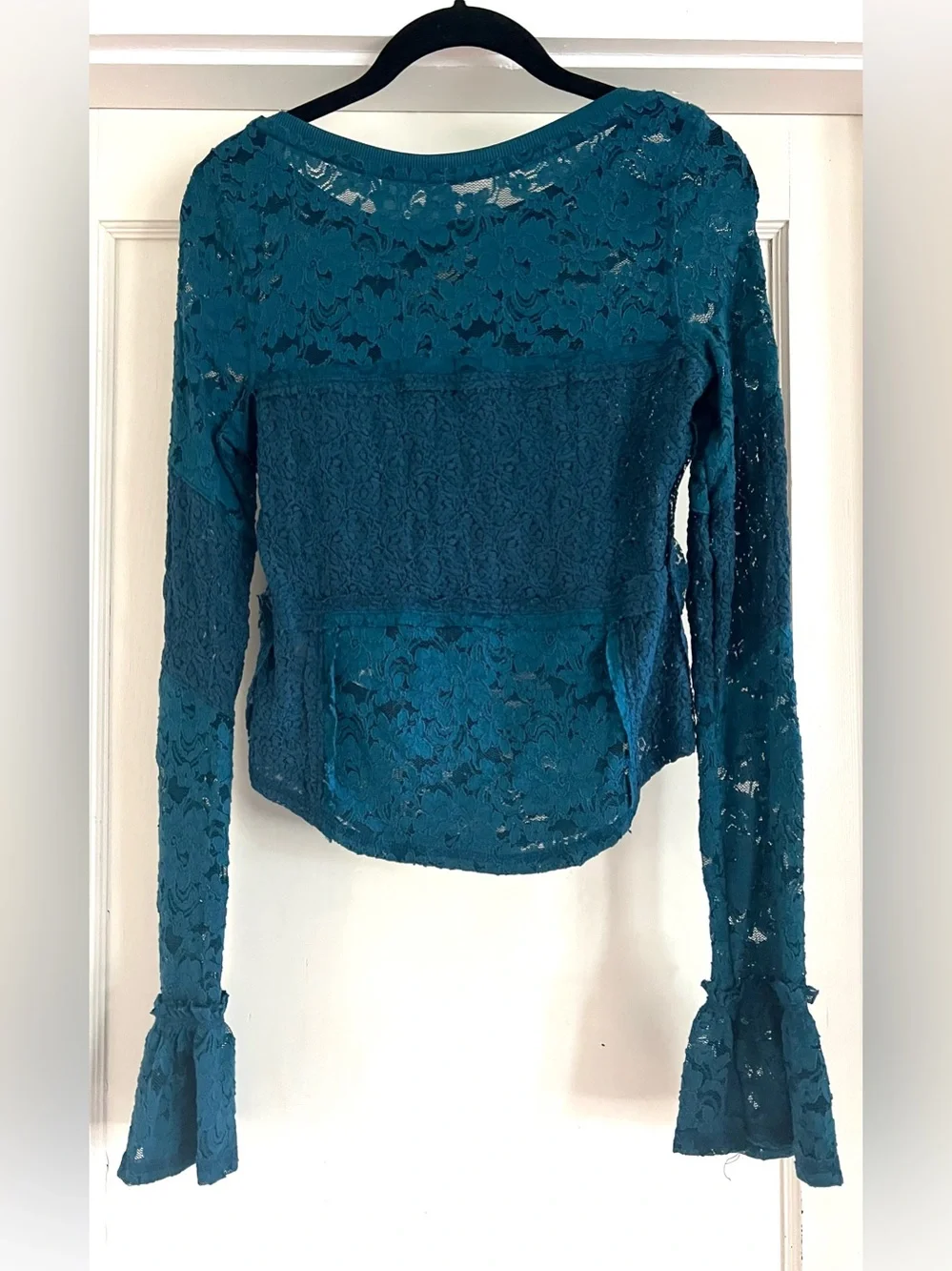 Free People Sheer Lace Flared Long Sleeve Top in Deep Dive Size Small NWT
